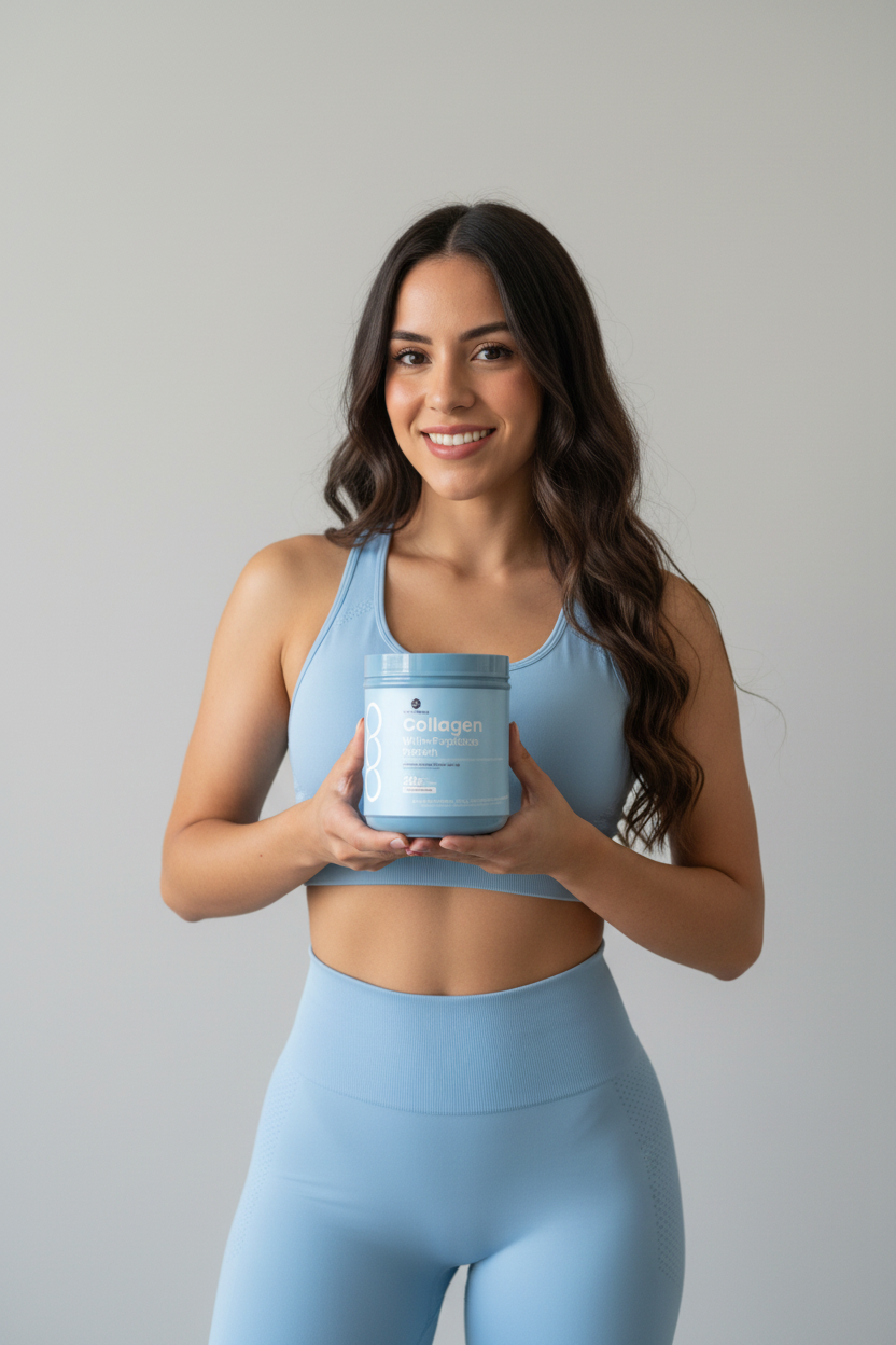 Jovem com roupa de academia segurando Collagen