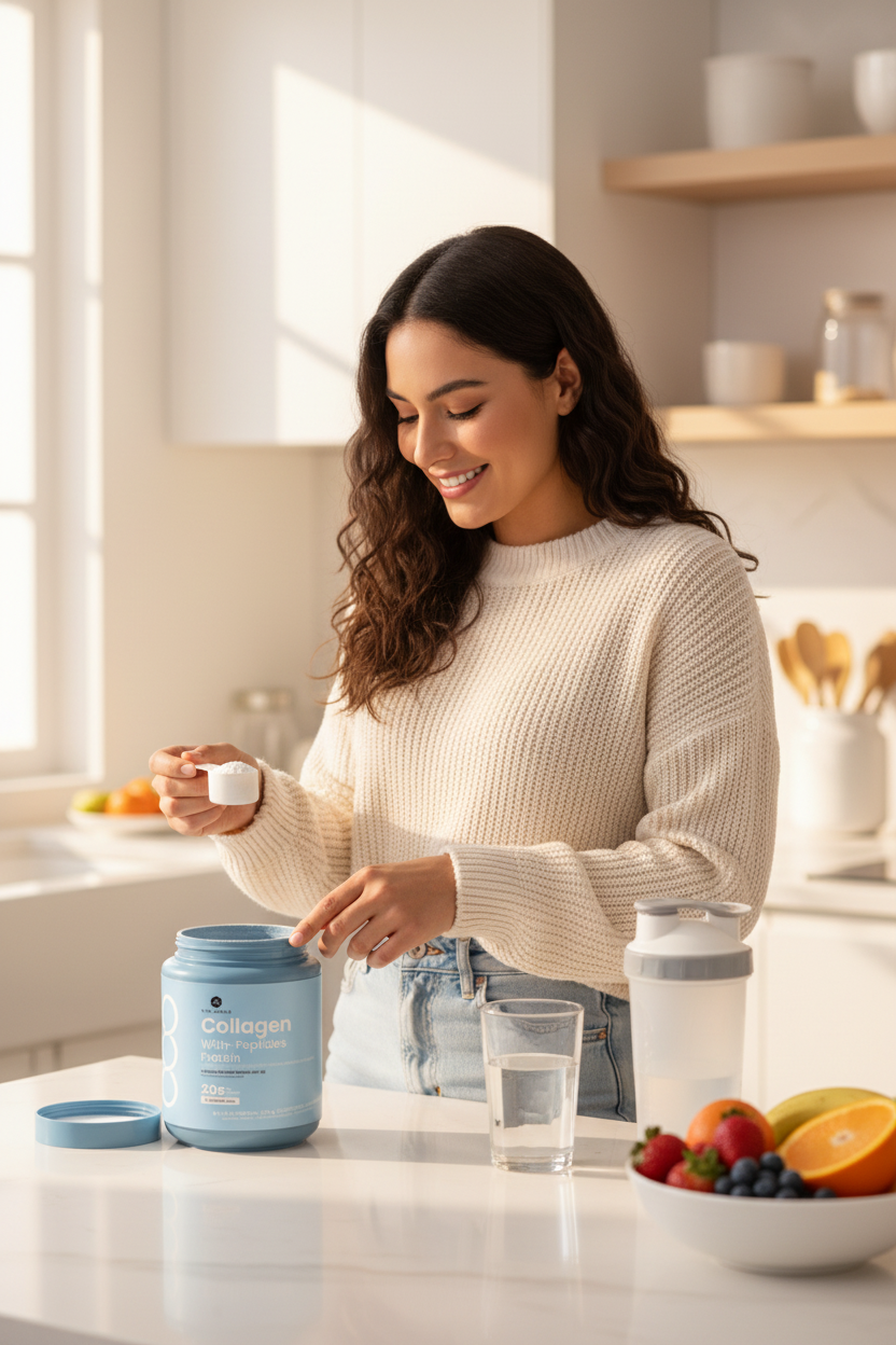 Jovem dosando Collagen com medidor