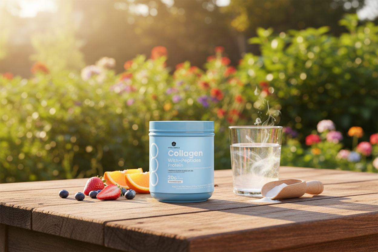 Produto Collagen em mesa no jardim com luz solar