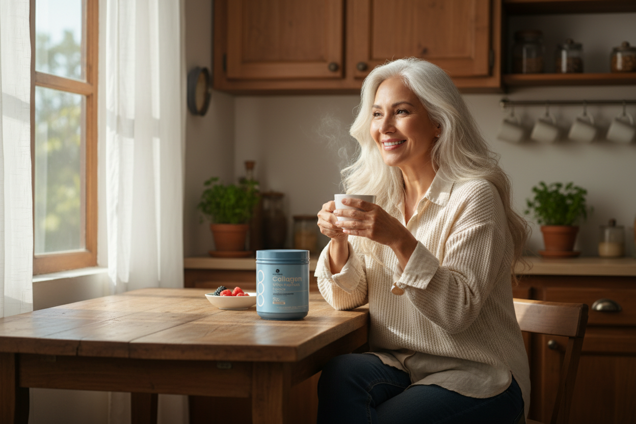 Senhora tomando café com Collagen na mesa